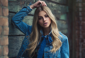 women, blonde, portrait, denim, face, bricks, blue eyes, depth of field