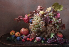 столик, корзина, фрукты, ягоды, ветка, листья