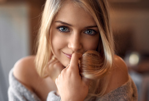 women, blonde, face, smiling, blue eyes, portrait