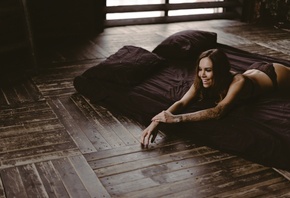 women, smiling, tattoo, ass, pillow, tanned, lying on front, wooden surface ...