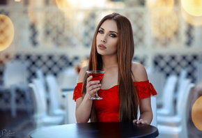 women, drinking glass, table, blue eyes, depth of field, portrait, long hair