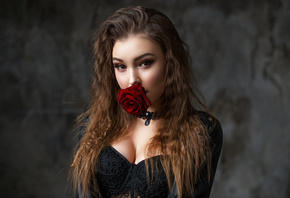 women, Maksim Romanov, rose, portrait, choker, face