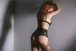 women, black lingerie, redhead, ass, back, shadow, tattoo, looking away, wall, red nails
