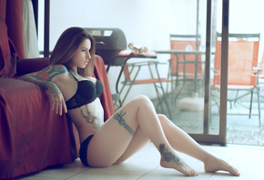 women, sitting, tattoo, looking away, ass, nose rings, on the floor, eyeliner, black lingerie, brunette, Costa Rica Model