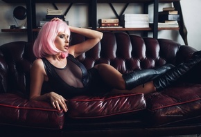 women, wigs, pink hair, monokinis, tanned, knee-high boots, couch, closed eyes, books