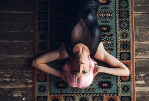 women, wigs, pink hair, monokinis, tanned, top view, on the floor, wooden surface, lying on back, nipple through clothing