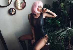 women, wigs, pink hair, monokinis, tanned, knee-high boots, sitting, finger on lips, looking away, plants