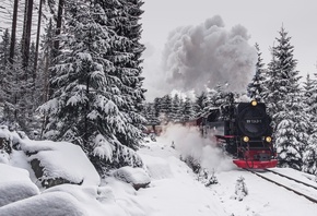 зима, жд, дорога, поезд, Паровоз