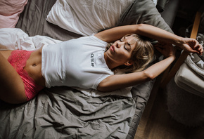 women, blonde, closed eyes, belly, tanned, in bed, pierced navel, pink pant ...