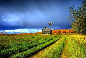 ферма, осень, поле, ветряная мельница, дом