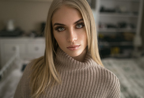 women, blonde, portrait, bed, face, depth of field, turtlenecks