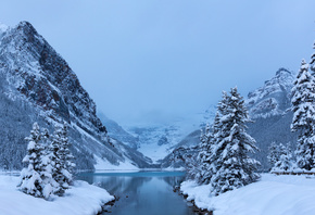 природа, пейзаж, горы, зима, ели, Канада, снег, озеро, деревья, Alberta, Ca ...