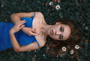 women, top view, blue dress, nipple through clothing, flowers, lying on back, blue eyes