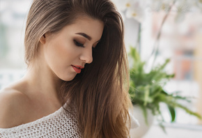 women, face, portrait, flowers, depth of field