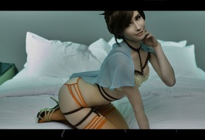 Wallpaper bindi smalls, model, cosplay, overwatch, lingerie, knee-highs, heels, kneeling, tracer, sexy