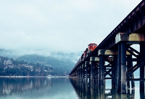 поезд, товарный поезд, тепловоз, мост, природа, река