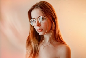 women, blonde, simple background, face, women with glasses, necklace, portr ...