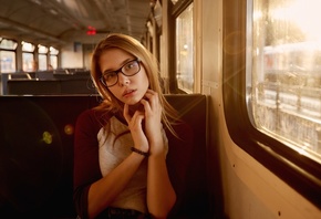 women, blonde, portrait, brunette, women with glasses, sitting, train