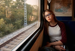women, blonde, portrait, brunette, women with glasses, shirt, sitting, train