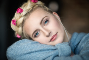 women, blonde, flowers, face, portrait, blue eyes