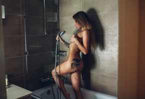 women, blonde, tattoo, nude, shower, ass, bathroom, water, boobs, wet body, ...