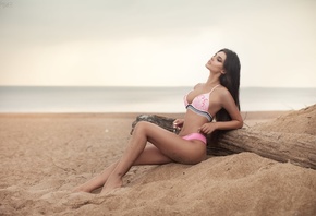 women, pink bikinis, tanned, swimwear, women outdoors, closed eyes, sand covered, belly, sea, sitting, depth of field