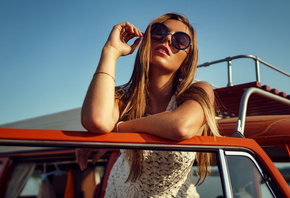 women, sunglasses, women with cars, women outdoors, blonde, portrait