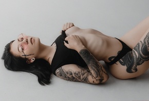 women, Andrey Popenko, black panties, brunette, women with glasses, tattoo, ...