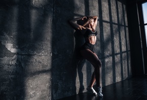 women, blonde, sneakers, sportswear, belly, ass, wall, tattoo, Nike, armpits