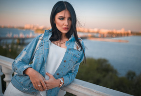 women, portrait, depth of field, looking away, denim, women outdoors, black hair