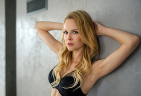 women, blonde, blue eyes, armpits, black bras, wall