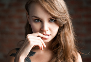 women, Anastasia Scheglova, tattoo, finger on lips, blonde, face, portrait