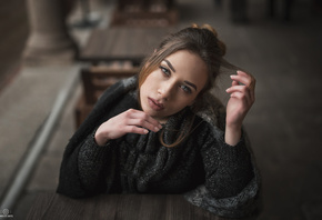 women, face, portrait, sitting, chair, table, sweater