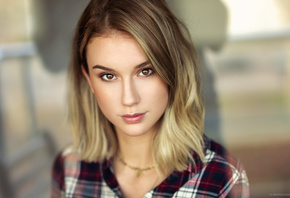 women, blonde, Lods Franck, face, portrait, plaid shirt, brown eyes