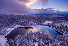 США, озеро, леса, природа, зима, пейзаж, небо, Prescott, Arianna, Аризона, панорама