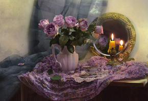 Валентина Колова, still life, ткань, кувшин, цветы, розы, свеча, чашка, зер ...