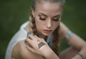 women, blonde, pigtails, closed eyes, depth of field, painted nails, portrait, face