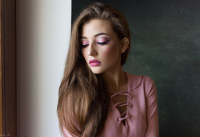 women, face, portrait, makeup, pink lipstick, eyeliner