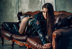 women, couch, black panties, painted nails, leather jackets, brunette, blac ...