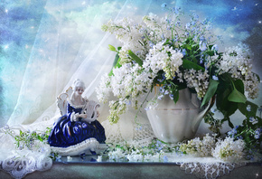 Валентина Колова, занавеска, салфетка, кувшин, цветы, ветки, сирень, незабу ...