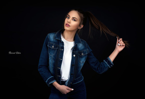 women, portrait, T-shirt, denim, white nails, simple background, gray eyes, ...