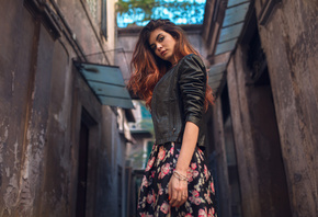 women, rear view, portrait, leather jackets, dyed hair, red nails, dress, brunette, depth of field, eyeliner