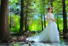 the bride, water, girl, dress, trees, forest, Asian