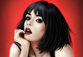 portrait, red lips, look, Girl, red background