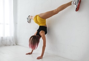 Anastasia Kalacheva, women, dyed hair, brunette, window, short shorts, ass, wall, sneakers, Nike