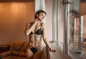 women, black lingerie, brunette, belly, red nails, red lipstick, window, reflection, tattoo