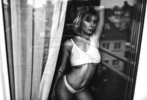 women, Miro Hofmann, belly, glass, monochrome, window, tattoo, white panties, underboob, boobs