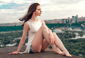 women, sitting, jean shorts, women outdoors, looking away, ass, depth of field, brunette, blue nails