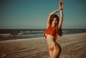 women, sea, beach, sand, women outdoors, belly, arms up, underboob, boobs, white nails, swimwear, Red Bikini, red lipstick