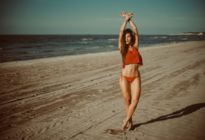 women, sea, beach, sand, women outdoors, belly, arms up, white nails, swimwear, the gap, necklace, Red Bikini, red lipstick